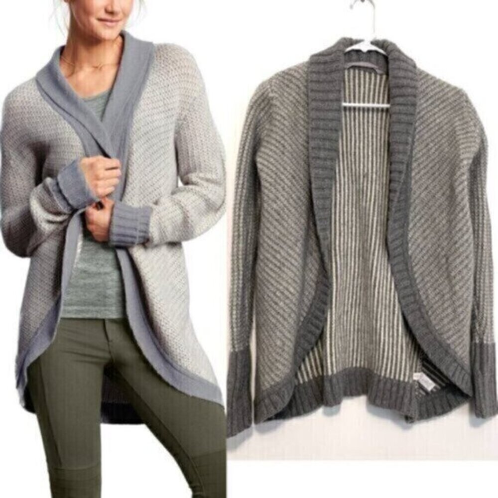 ATHLETA Sierra Wrap Cream Ivory Grey Striped Open WOOL CASHMERE Cardigan Sweater